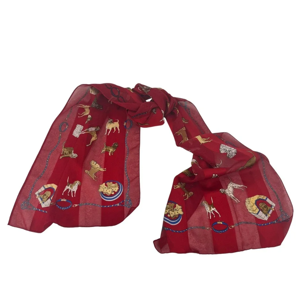 Womens Red Dog Print Rectangular Scarf Novelty‎ Puppy Pattern Sheer Lightweight